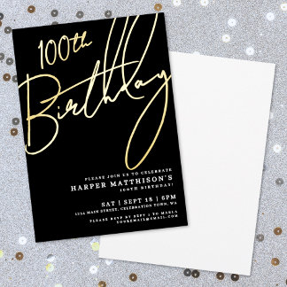 Elegant Schwarz 100. Geburtstag Gold Folieneinladung