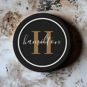 Elegant Schwarz Braun Rund Monogramm Dunkel Getränkeuntersetzer