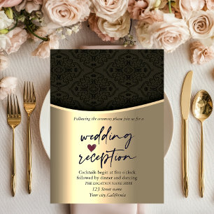 Elegant Schwarz Damast Gold Hochzeitsempfang Einladung