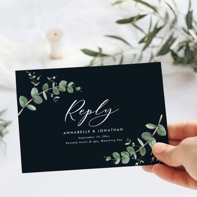 Elegant schwarz Eukalyptus Greenery Wedding RSVP (Von Creator hochgeladen)