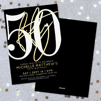 Elegant Schwarz Fünfzig 50. Geburtstag Gold Folieneinladung