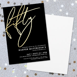 Elegant Schwarz Fünfzig 50. Geburtstag Gold Folieneinladung