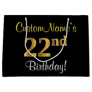 Elegant, schwarz, Imitat-Gold22. Geburtstag + Name Große Geschenktüte