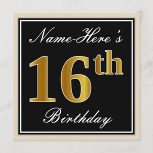 Elegant, schwarz, Imitate Gold 16. Geburtstag + Na Einladung