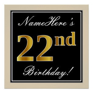 Elegant, schwarz, Imitate Gold 22. Geburtstag + Na Poster