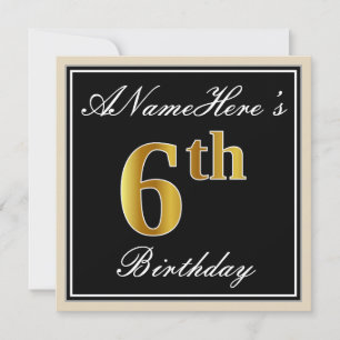 Elegant, schwarz, Imitate Gold 6. Geburtstag + Nam Einladung