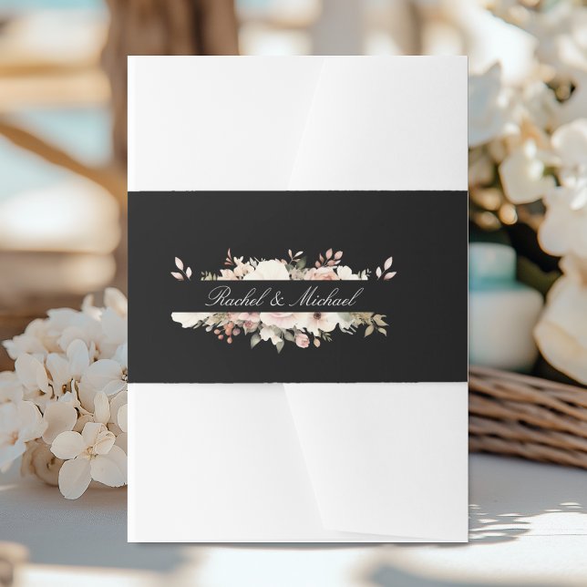 Elegant, schwarz, pastellfarben, Blume Einladungsbanderole (Elegant, white, pastel, flower bouquet invitation belly band with your name.)