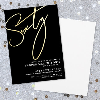 Elegant Schwarz Sechzigster 60. Geburtstag Gold Folieneinladung