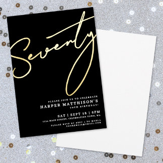 Elegant Schwarz Siebzig 70. Geburtstag Gold Folieneinladung