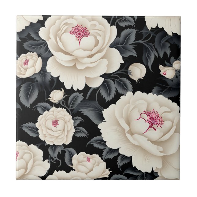 Elegant Schwarz und Elfenbeinflora Fliese (Vorderseite)