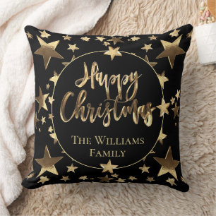 Elegant Schwarz und Gold Script Glücklich Weihnach Kissen