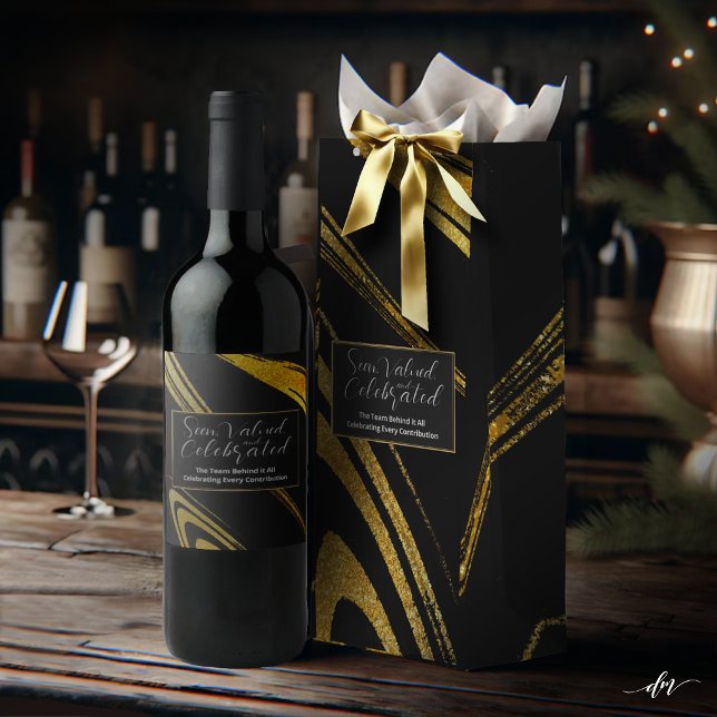 Elegant Schwarz und Gold  Weinetikett (Elegant black and gold marble wine label with coordinating gift bag.)