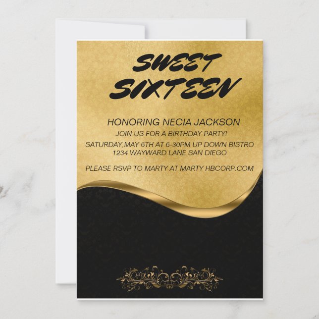 ELEGANT SCHWARZ- UND GOLDEINLADUNGSSCHWEET 16. GEB EINLADUNG (Vorderseite)