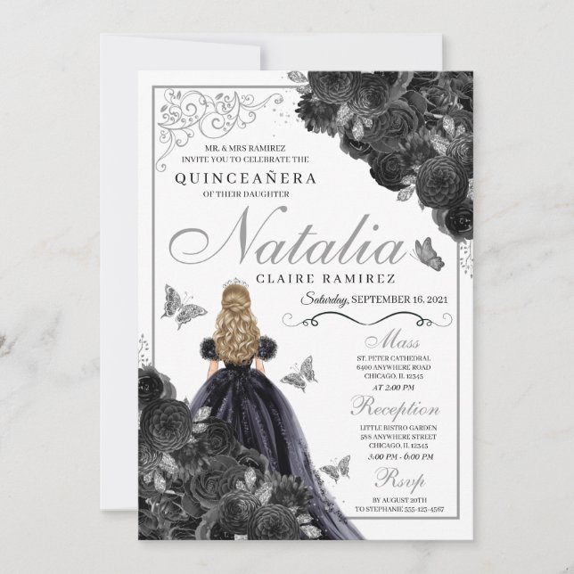Elegant Schwarz und Silver Floral Quinceanera Invi Einladung (Vorderseite)
