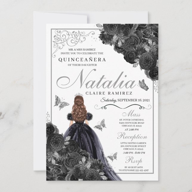 Elegant Schwarz und Silver Floral Quinceanera Invi Einladung (Vorderseite)