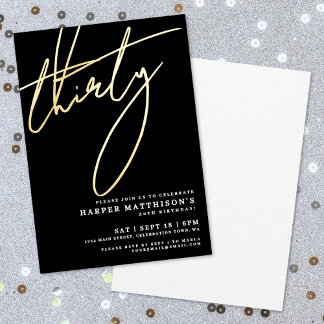 Elegant Schwarz Vierzig 30. Geburtstag Gold Folieneinladung