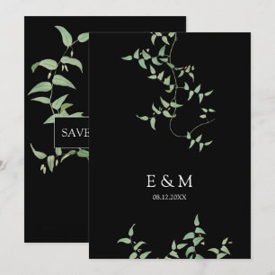 Elegant Schwarz Vintage Botanische Hochzeitsgrün Save The Date