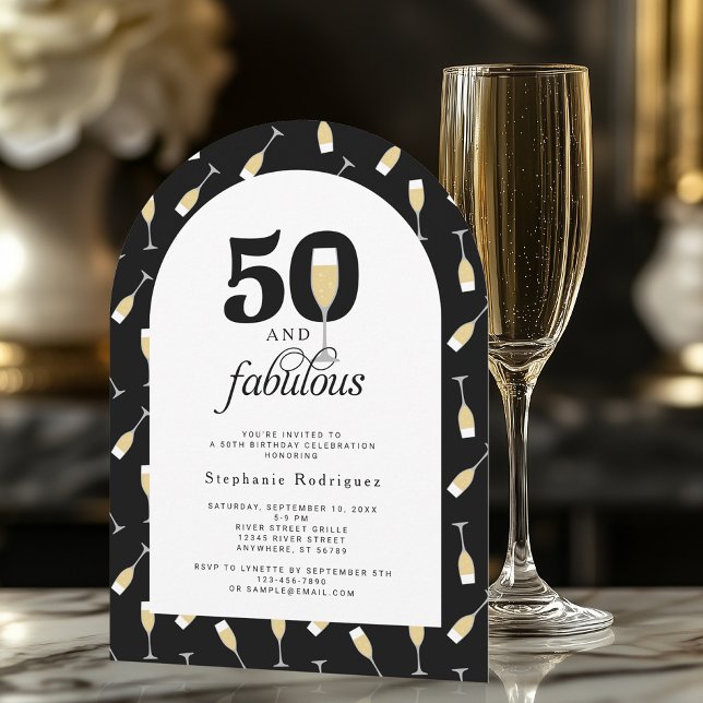 Elegant Schwarz-weiß 50 Fantastischer Geburtstag Einladung (Shown on a 5" x 7" arch shape invitation)