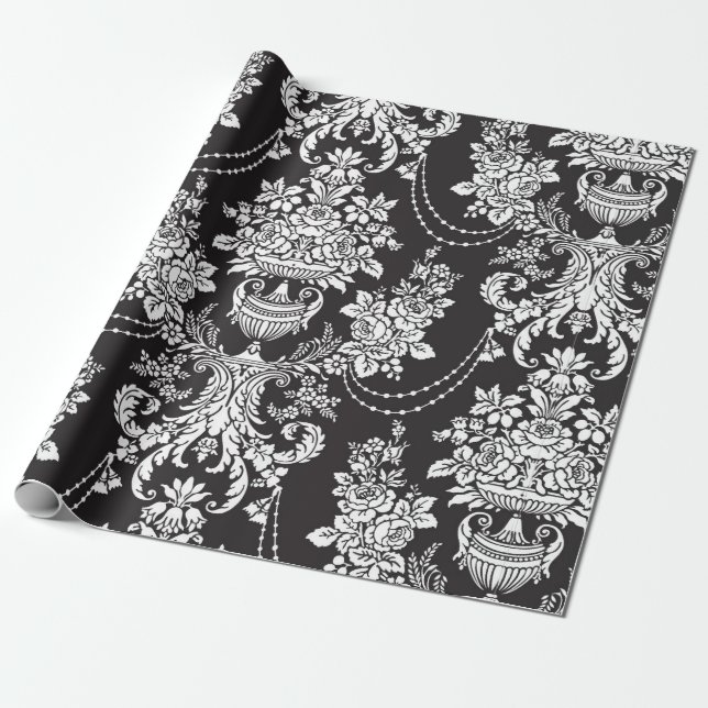 Elegant Schwarz-weiß Damask Geschenkpapier (Ungerollt)