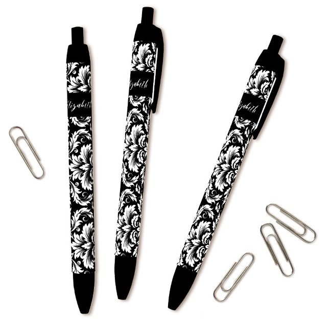 Elegant Schwarz-weiß Damask Kugelschreiber (Cute personalized black and white damask pattern pens go great with the matching journal.)
