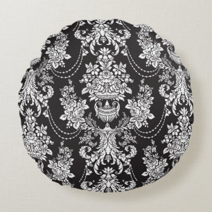 Elegant Schwarz-weiß Damask Rundes Kissen