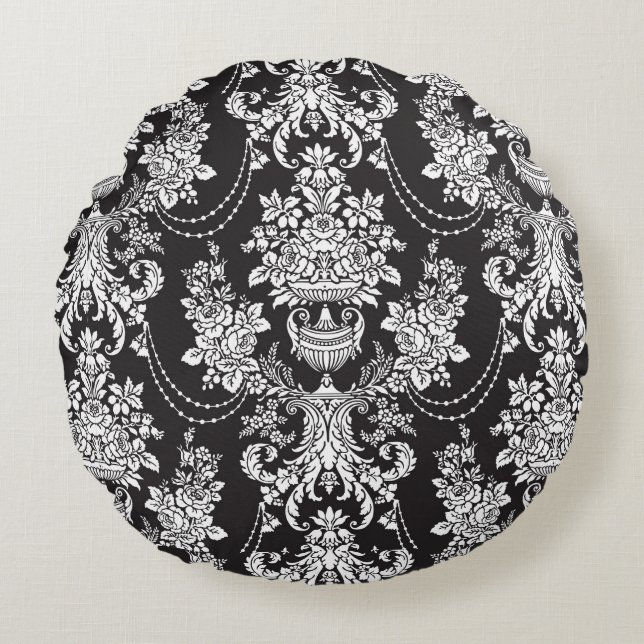 Elegant Schwarz-weiß Damask  Rundes Kissen (Vorderseite)