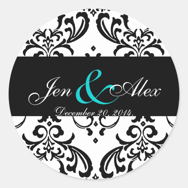 Elegant Schwarz-weiß Damask Wedding Sticker Aqua (Vorderseite)