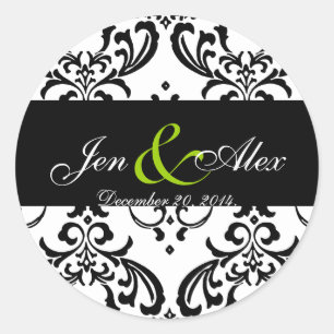 Elegant Schwarz-weiß Damask Wedding Sticker Green