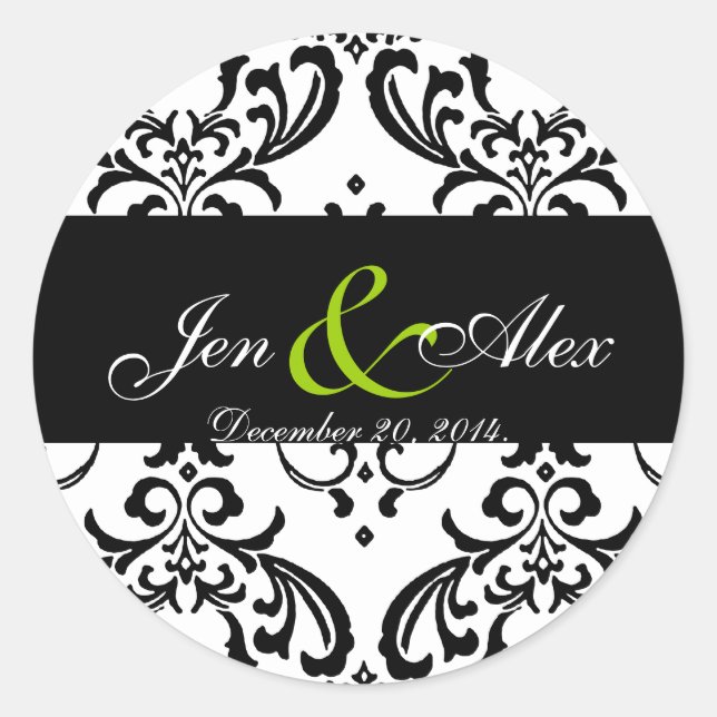 Elegant Schwarz-weiß Damask Wedding Sticker Green (Vorderseite)