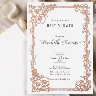 Elegant Schwarz Weiß Floral Baby Shower Rose Gold Folieneinladung