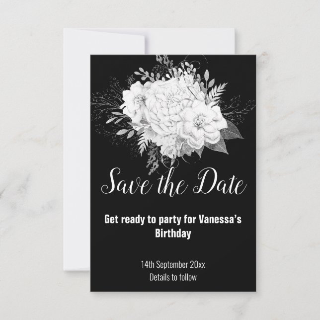 ELEGANT SCHWARZ-WEISS FLORAL SAVE THE DATE RSVP KARTE (Vorderseite)