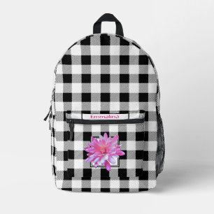 Elegant Schwarz-weiß Gingham boho rosa Blütenpflan Bedruckter Rucksack
