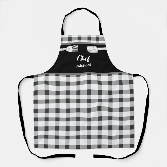 Elegant Schwarz-weiß Gingham | Personalisierter Na Schürze (Vorderseite)