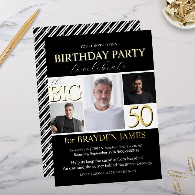 Elegant Schwarz-weiß Gold 50. Geburtstag Einladung (Elegant black and white with gold foil birthday party invitation with photo collage for 50th 60th)