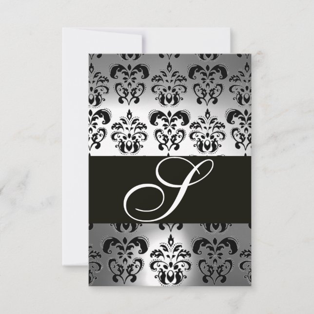 ELEGANT SCHWARZ-WEISS GRAU DAMASK MONOGRAM UAWG RSVP KARTE (Vorderseite)