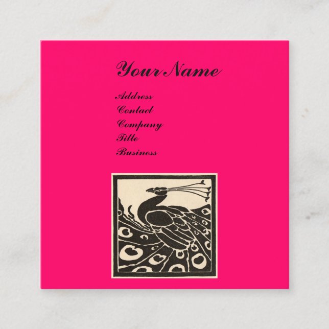 ELEGANT SCHWARZ-WEISS HOCHPINK PEACOCK MONOGRAM QUADRATISCHE VISITENKARTE (Vorderseite)