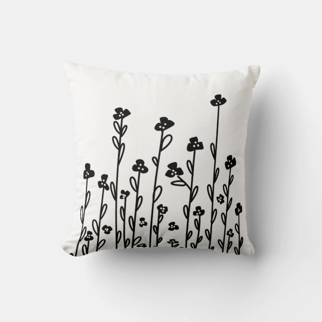 Elegant Schwarz-weiß-minimalistisch doodle floral Kissen (Vorderseite)