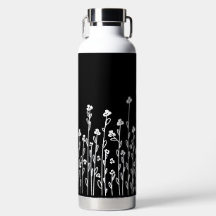 Elegant Schwarz-weiß-minimalistisch doodle floral Trinkflasche