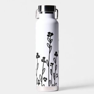 Elegant Schwarz-weiß-minimalistisch doodle floral Trinkflasche