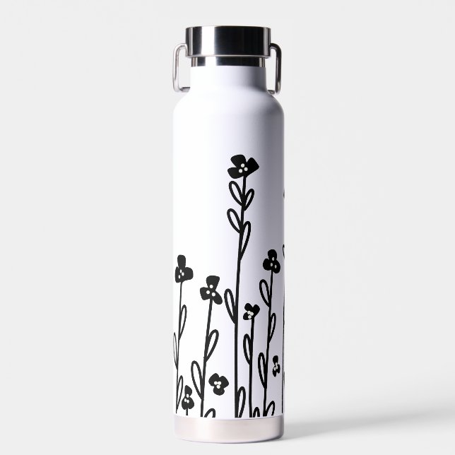 Elegant Schwarz-weiß-minimalistisch doodle floral Trinkflasche (Vorne)