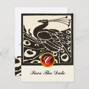 ELEGANT SCHWARZ-WEISS PEACOCK, RED RUBY GEM MONOGR EINLADUNG