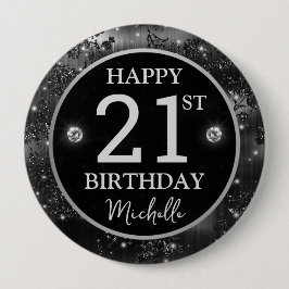 Elegant Schwarze Blumen Glitter Silber Geburtstag Button