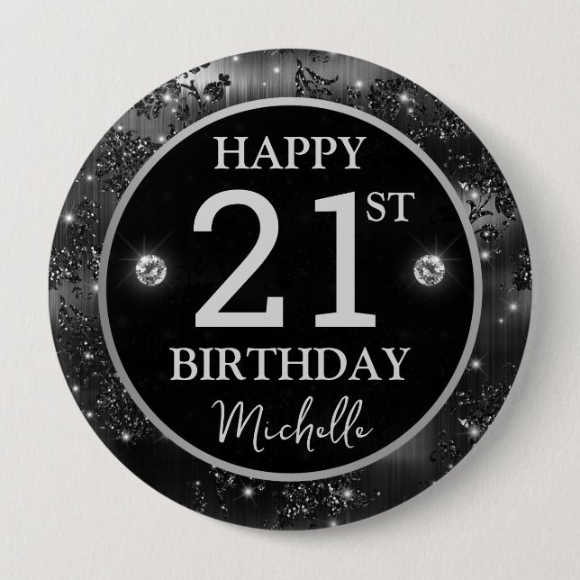 Elegant Schwarze Blumen Glitter Silber Geburtstag Button (Vorderseite)