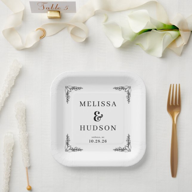 Elegant Schwarze Botanik Pappteller (Hochzeit)