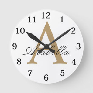 Elegant Schwarzgold Personalisiertes Monogramm Nam Runde Wanduhr