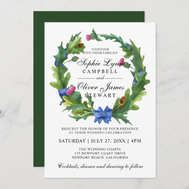 Elegant Scottish Thistle Floral Wedding Einladung (Vorne/Hinten)