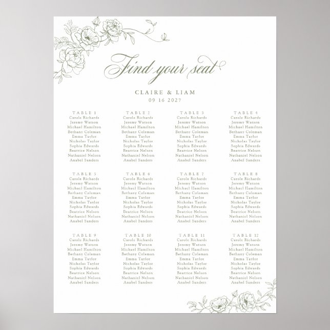 Elegant Scrip 12 Table Rose Hochzeitstabelle Poster (Vorne)