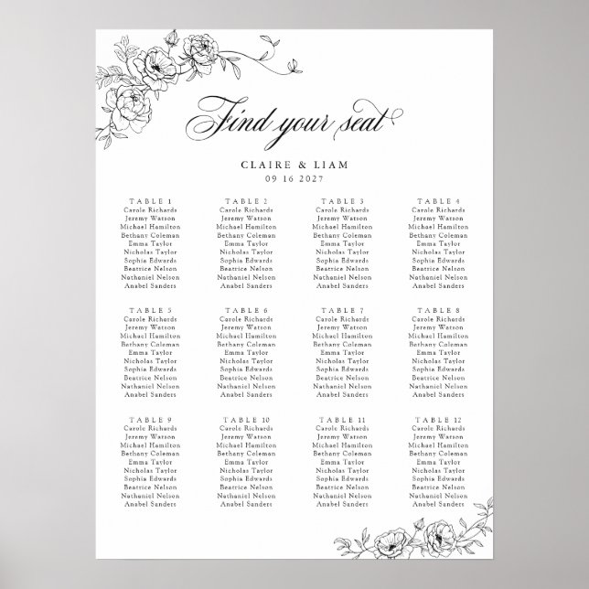 Elegant Scrip 12 Table Rose Hochzeitstabelle Poster (Vorne)