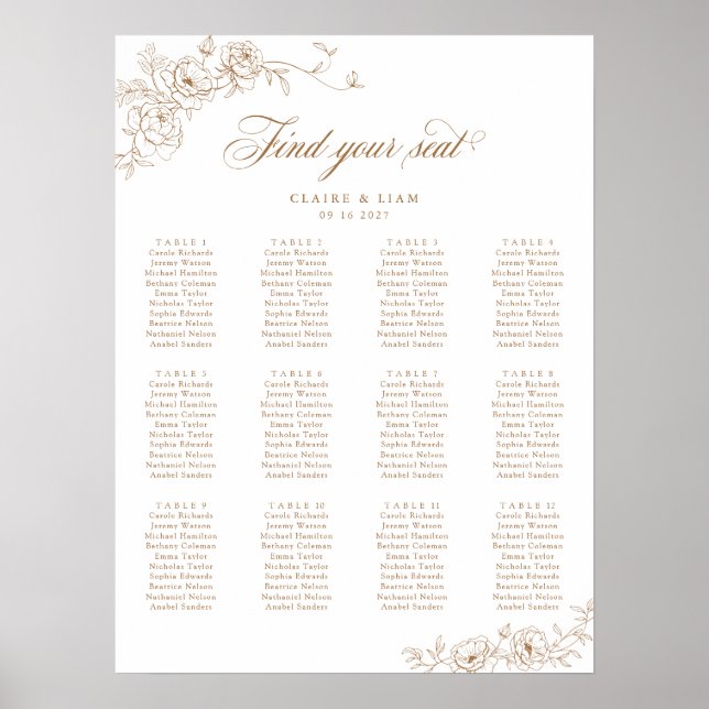 Elegant Scrip 12 Table Rose Hochzeitstabelle Poster (Vorne)