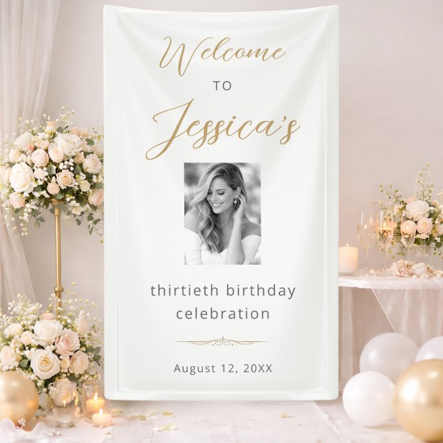 Elegant Script 30th Birthday Party Photo Welcome Banner (Von Creator hochgeladen)